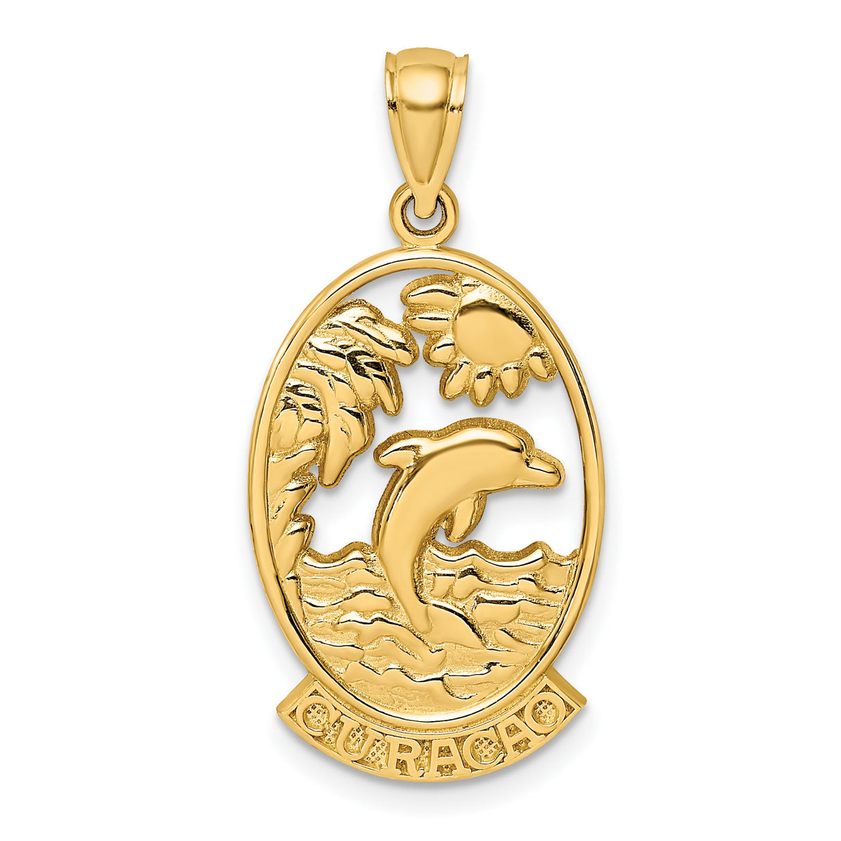 14k Yellow Gold Pendant with Jumping Dolphin, Palm Tree, Sun and Waves - Curacao Island Theme