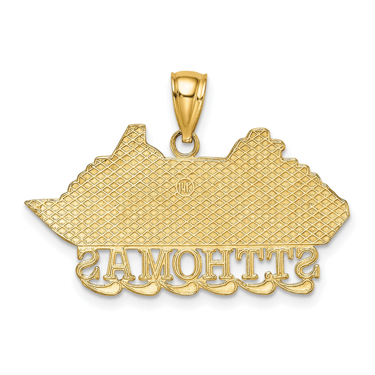 14k Yellow Gold Cruise Ship Pendant with ST THOMAS Text and Ocean Wave Detail