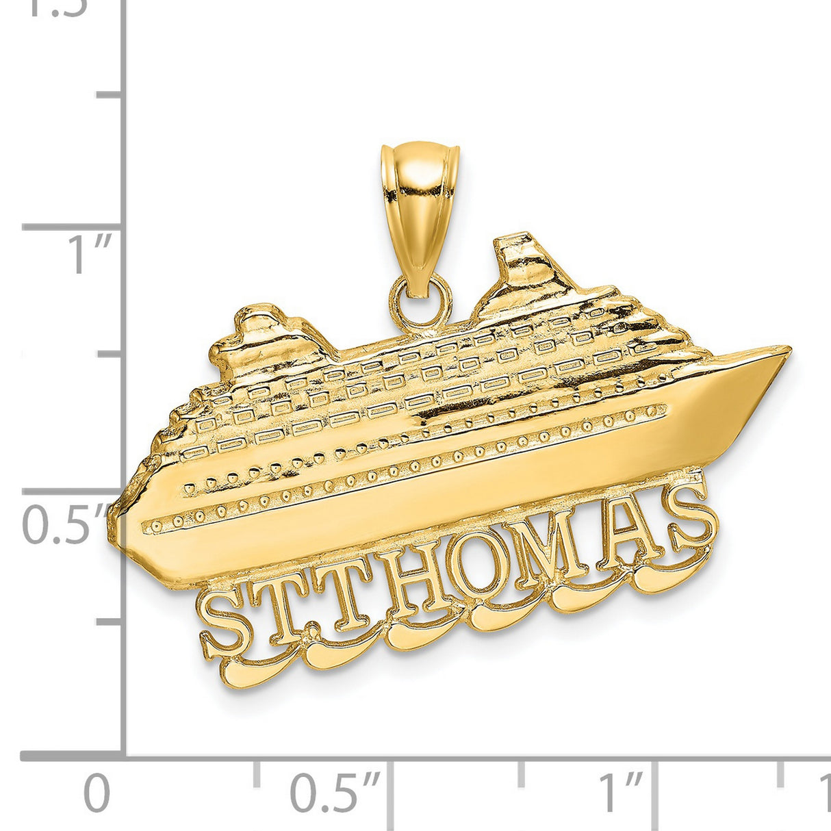 14k Yellow Gold Cruise Ship Pendant with ST THOMAS Text and Ocean Wave Detail