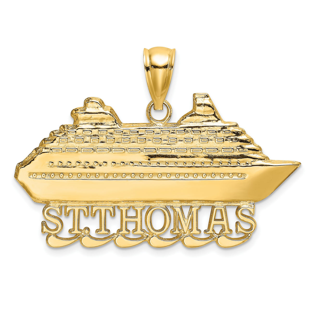 14k Yellow Gold Cruise Ship Pendant with ST THOMAS Text and Ocean Wave Detail