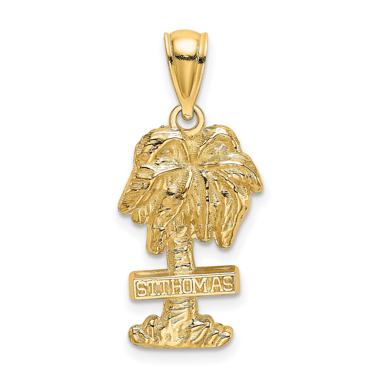14k Yellow Gold Palm Tree Pendant with St Thomas Lettering, Tropical Island Charm