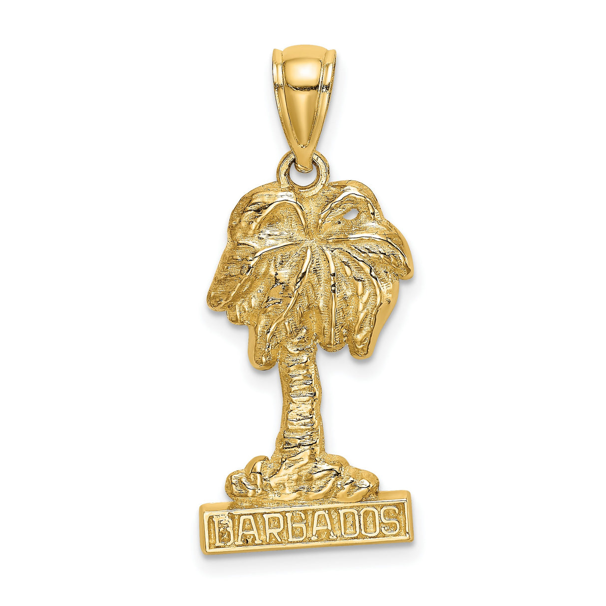 14k Yellow Gold Palm Tree Pendant with Barbados Inscription, Tropical Travel Charm