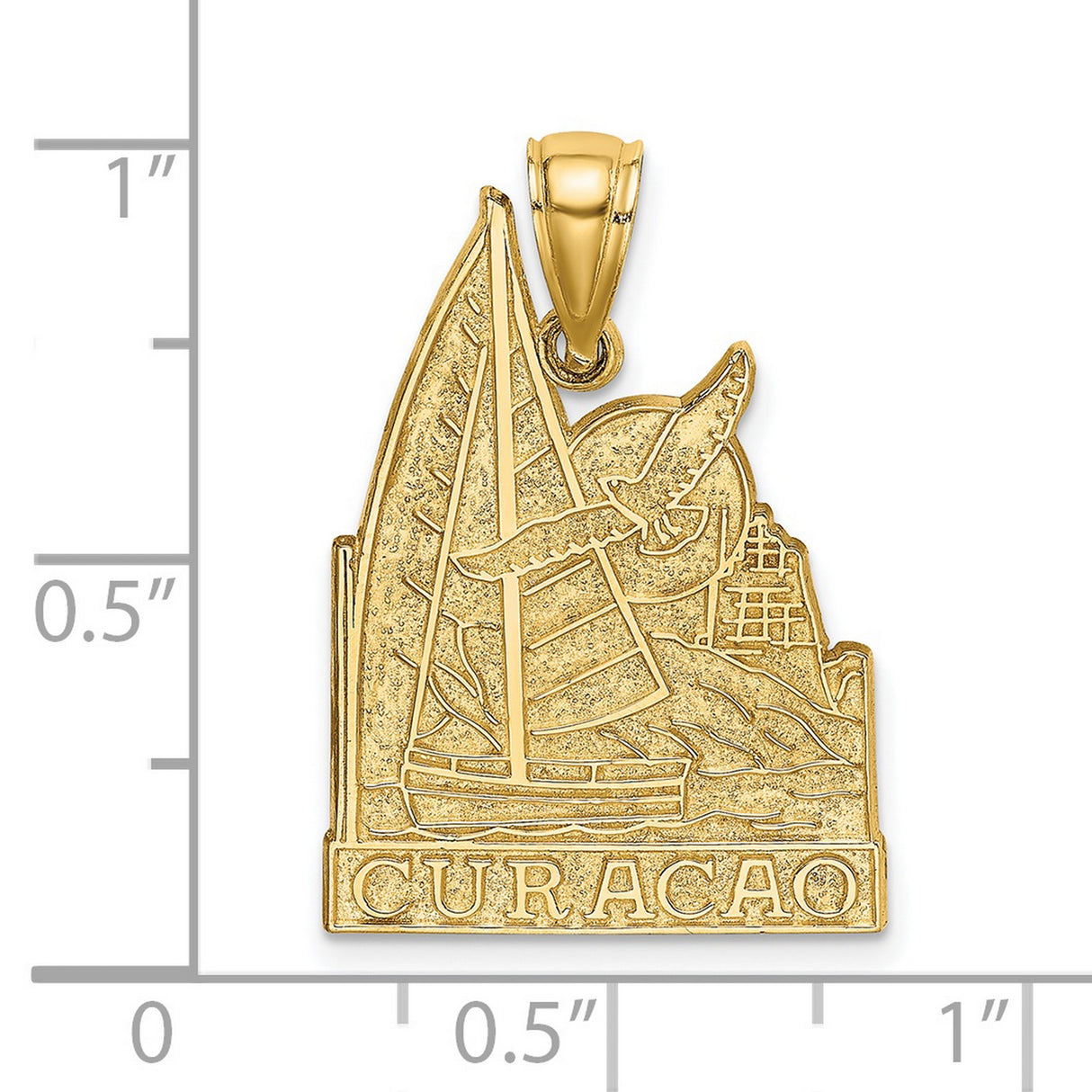 14k Yellow Gold Curacao Pendant with Sailboat, Seagull, Sun and Island Landscape