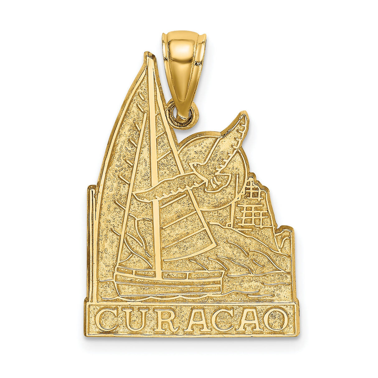 14k Yellow Gold Curacao Pendant with Sailboat, Seagull, Sun and Island Landscape