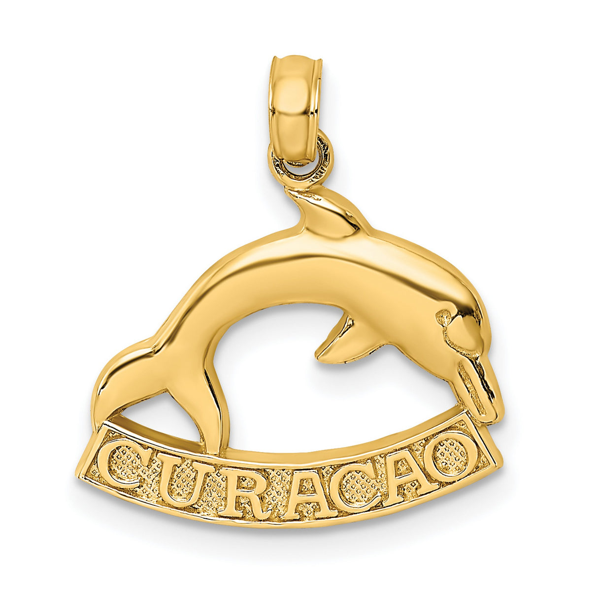 14k Yellow Gold Dolphin Pendant with Curacao Engraving, Ocean-Inspired Unisex Charm