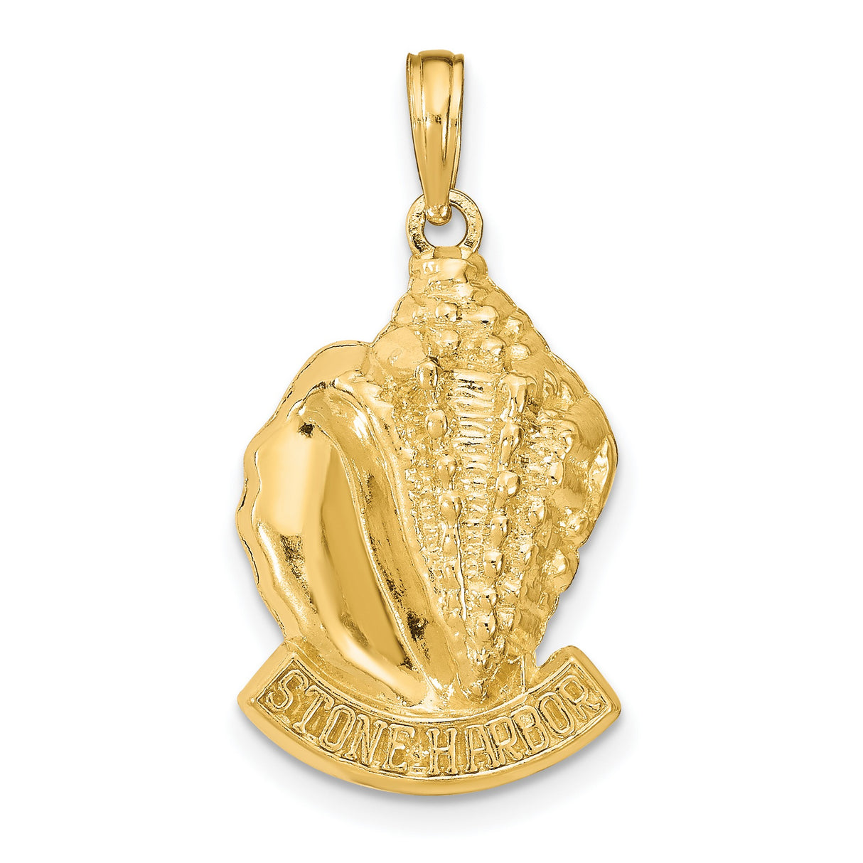 14k Yellow Gold Conch Shell Pendant with Stone Harbor Engraving, Nautical Coastal Jewelry for Women