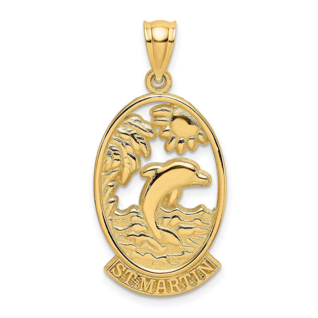 14k Yellow Gold Pendant with Dolphin, Sun and Palm Tree, St Maarten Travel Charm