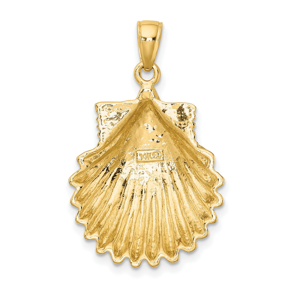 14k Yellow Gold Scallop Shell Pendant with Textured Design, Pilgrimage and Faith Symbol