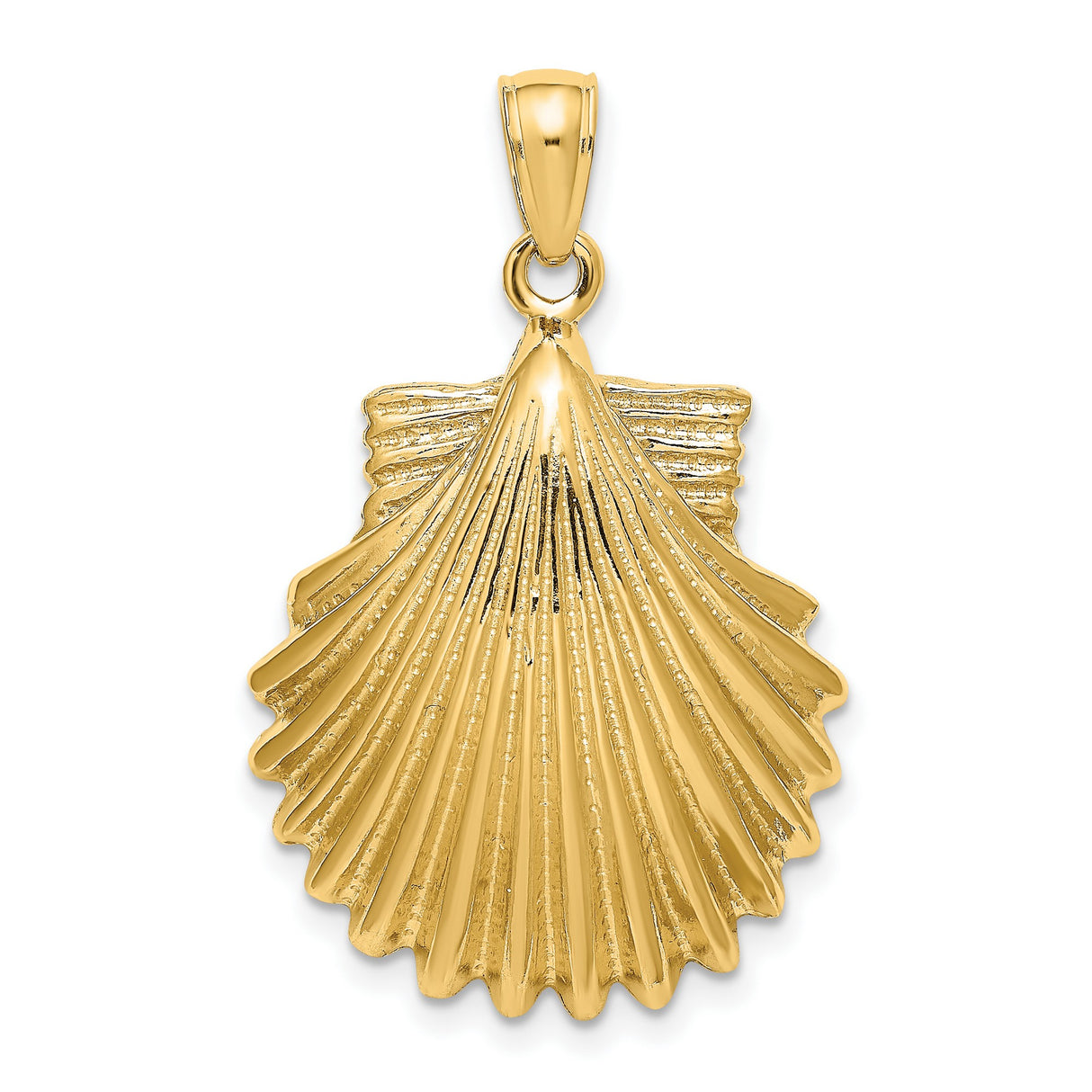 14k Yellow Gold Scallop Shell Pendant with Textured Design, Pilgrimage and Faith Symbol