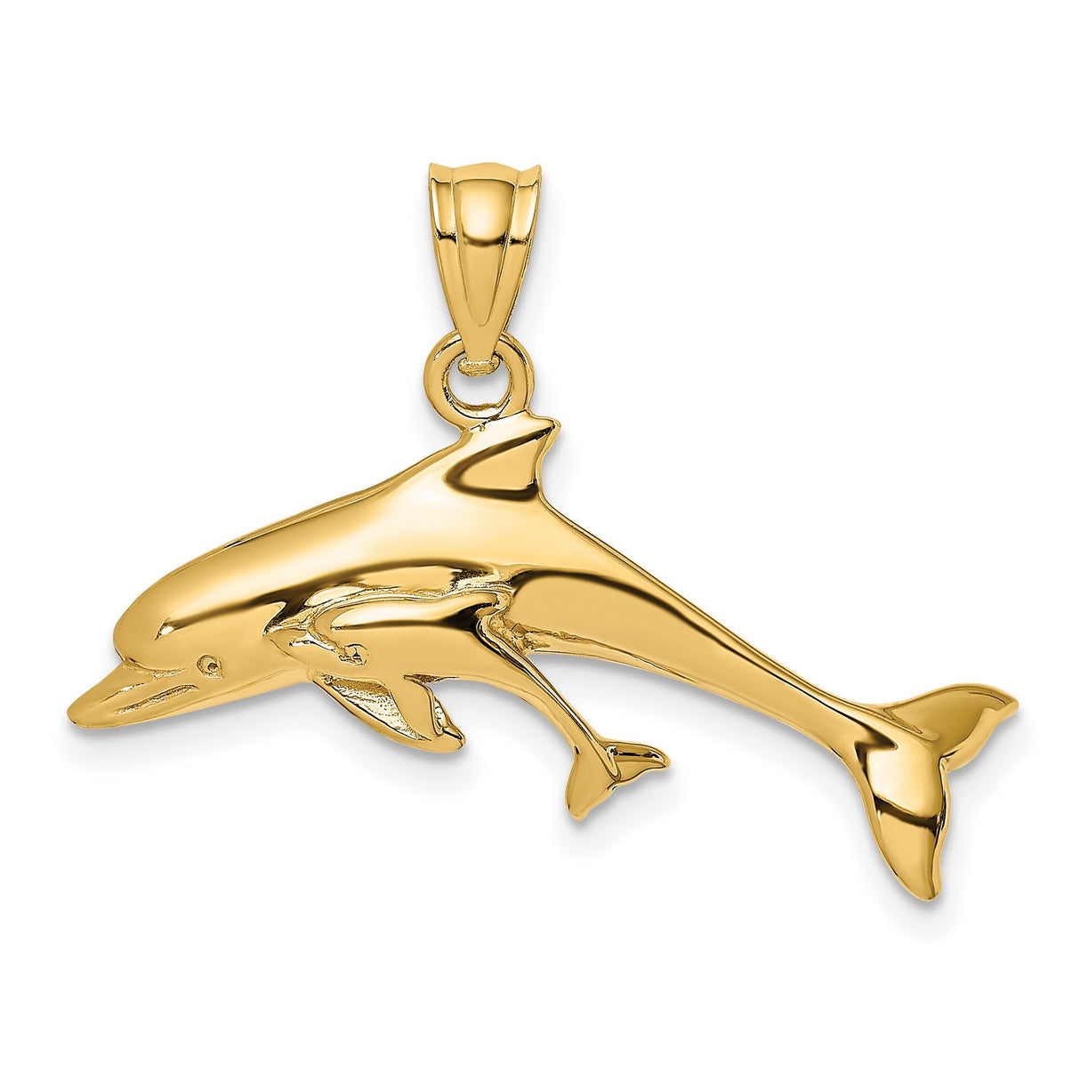 14k Yellow Gold Dolphin Pendant, Mother and Baby Ocean Theme Charm