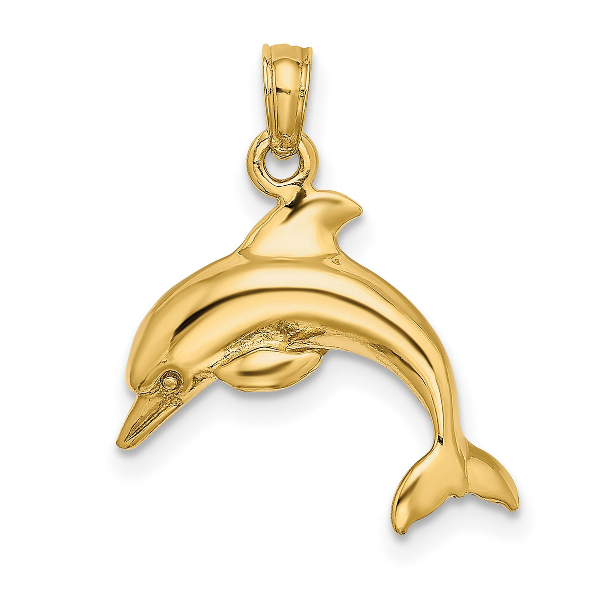 14k Yellow Gold Dolphin Pendant, Curved Ocean Animal Charm, Nautical Marine Jewelry