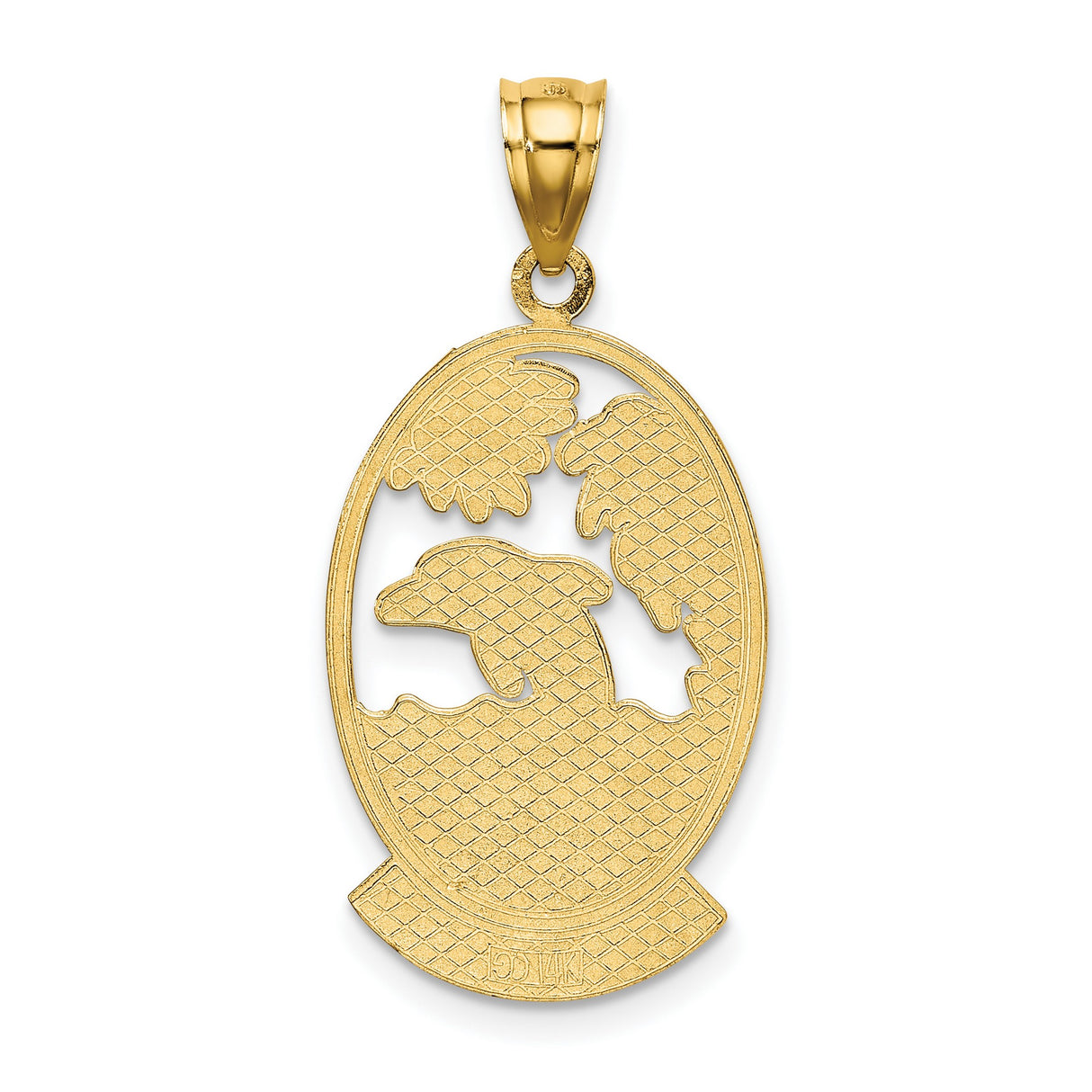 14k Yellow Gold Pendant with Jumping Dolphin, Palm Tree, Sun and Sea Isle Design