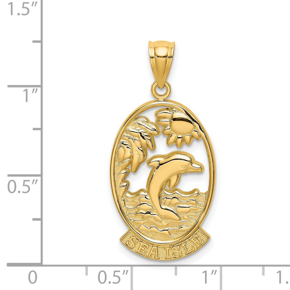 14k Yellow Gold Pendant with Jumping Dolphin, Palm Tree, Sun and Sea Isle Design
