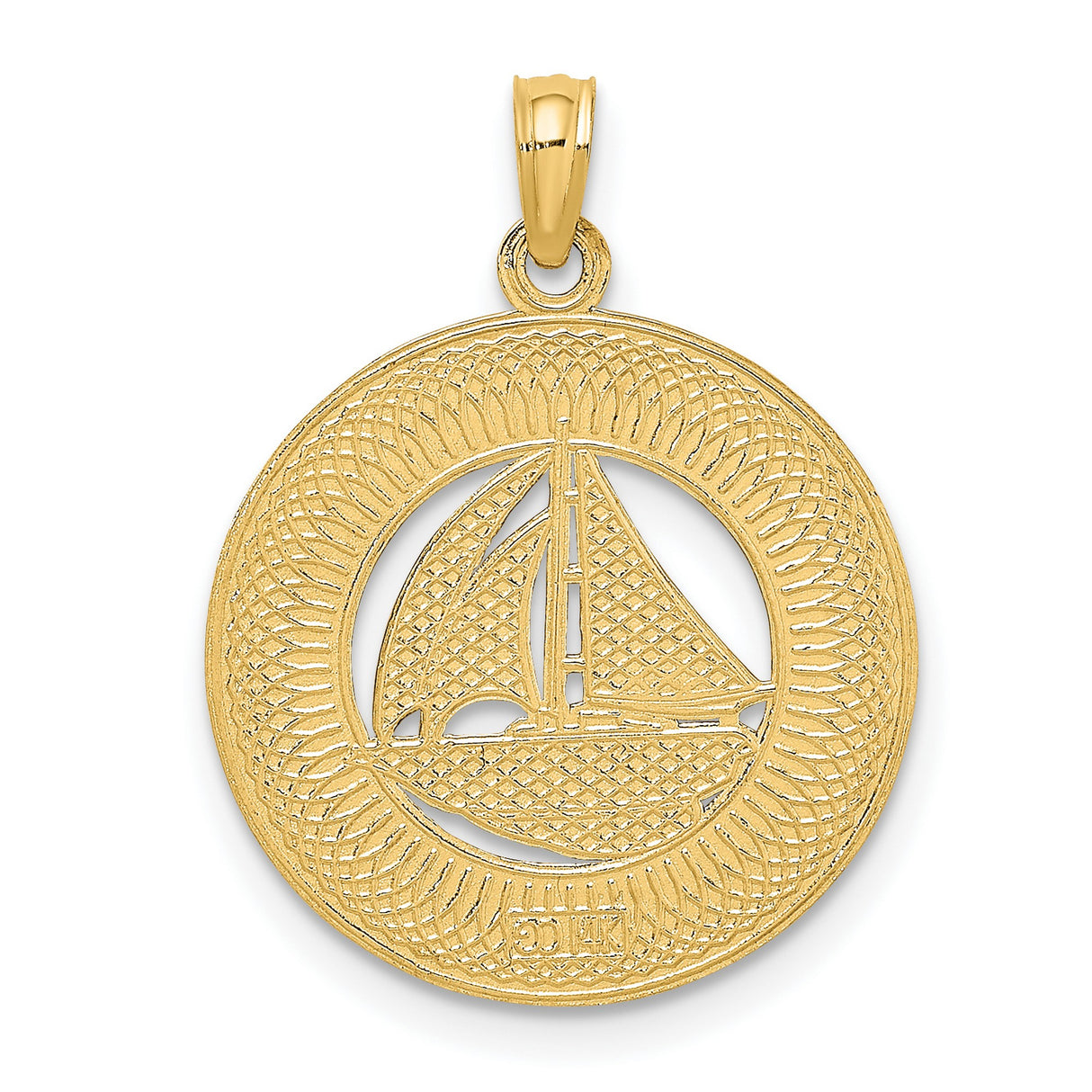 14k Yellow Gold Pendant with Sailboat in Textured Round Frame, Nautical Ocean Theme