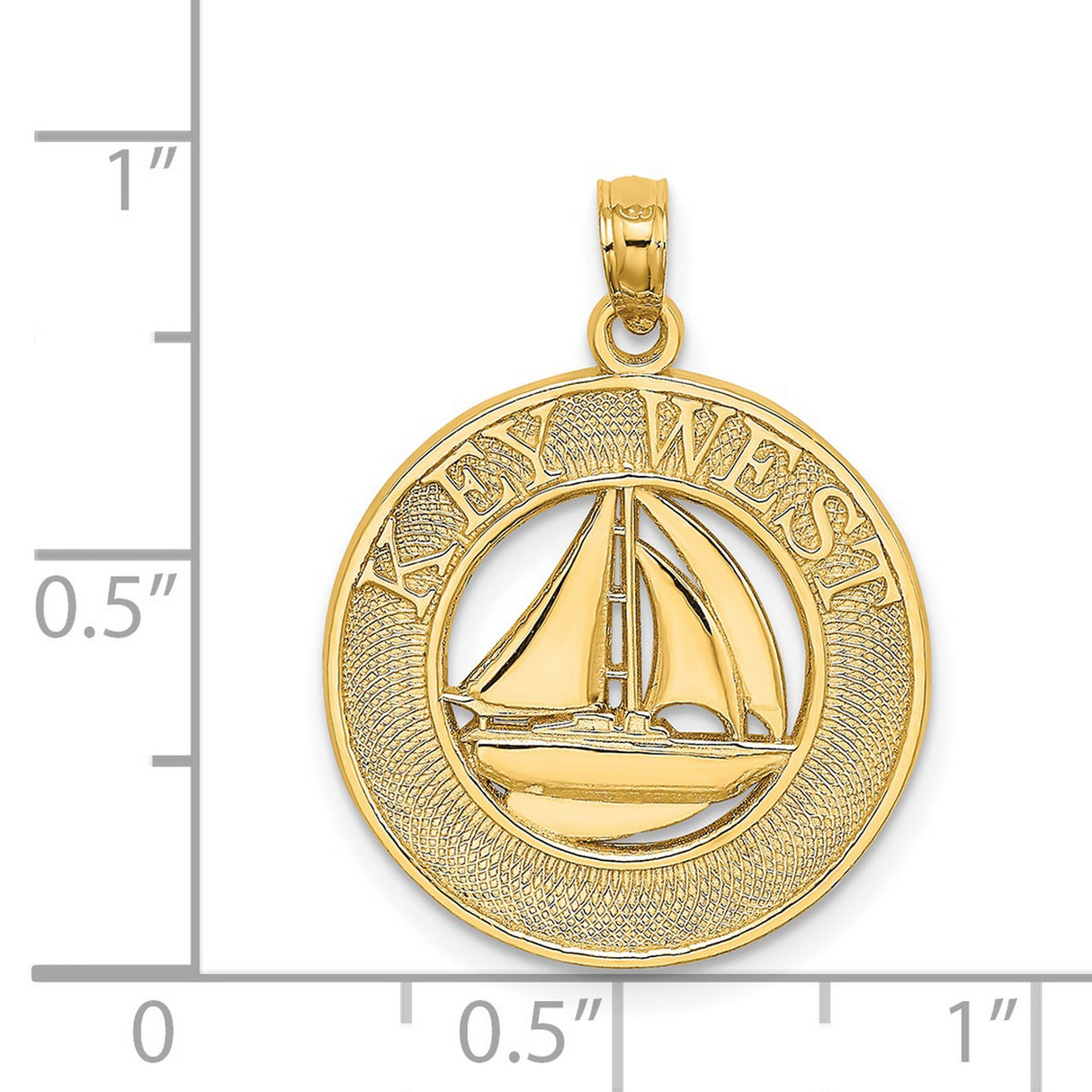 14k Yellow Gold Pendant with Sailboat in Textured Round Frame, Nautical Ocean Theme