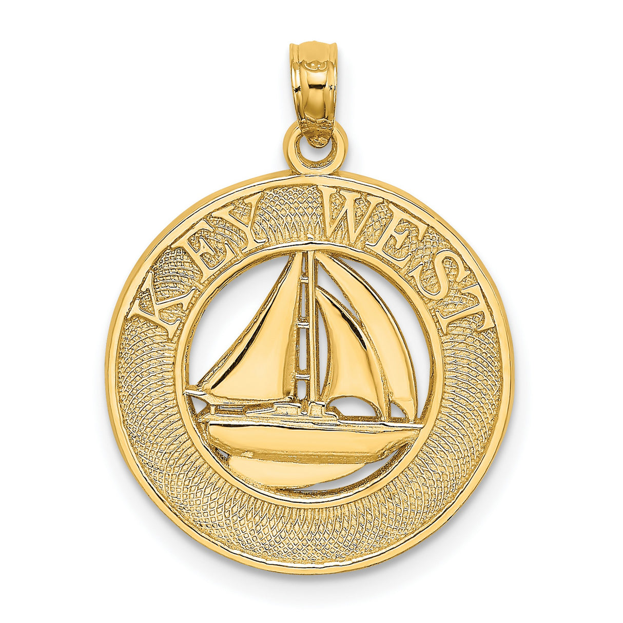 14k Yellow Gold Pendant with Sailboat in Textured Round Frame, Nautical Ocean Theme