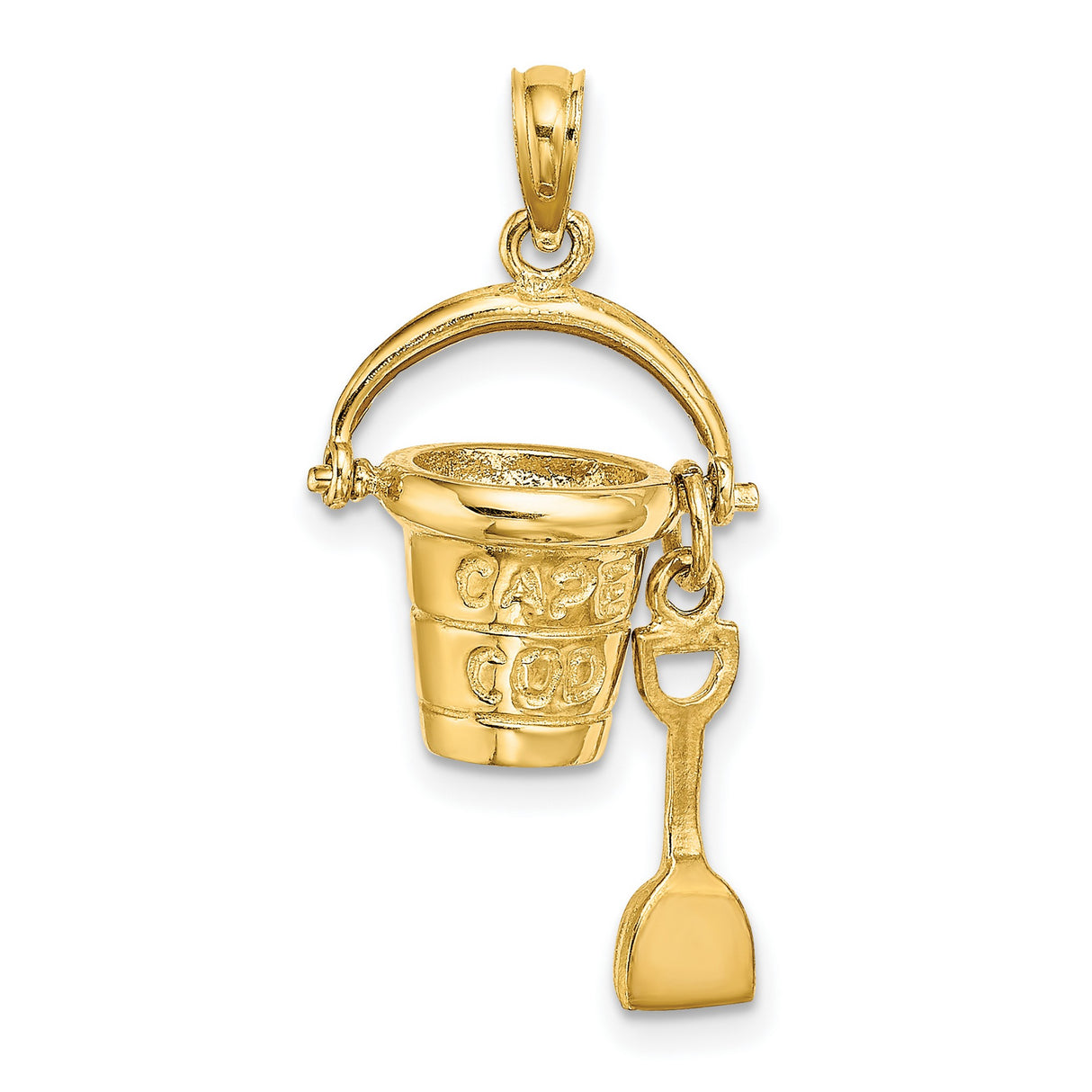 14k Yellow Gold Bucket and Shovel Pendant, Cape Cod Beach Charm, Nautical Vacation Keepsake