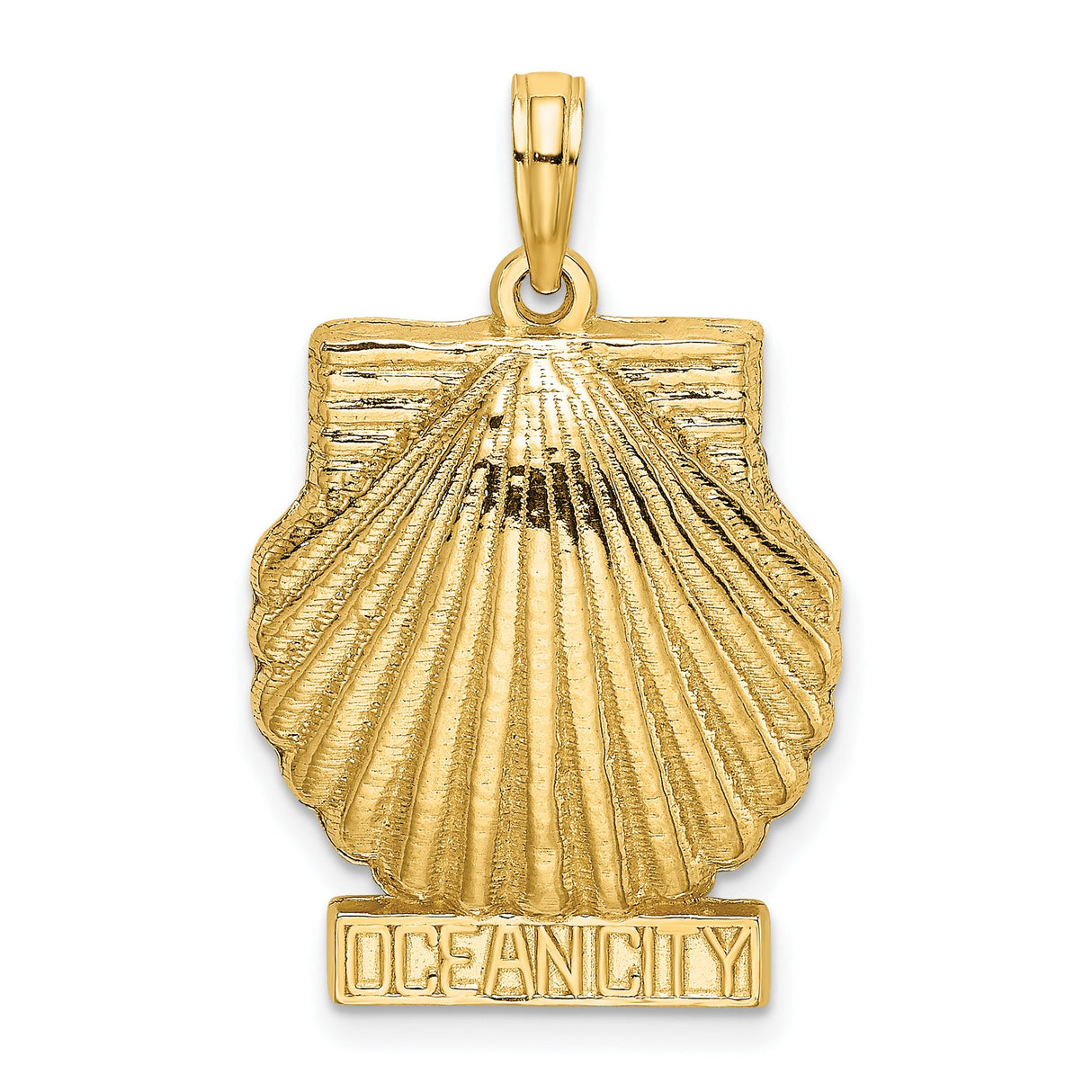 14k Yellow Gold Ocean City Pendant with Text and Scallop Shell Charm, Nautical Coastal Jewelry