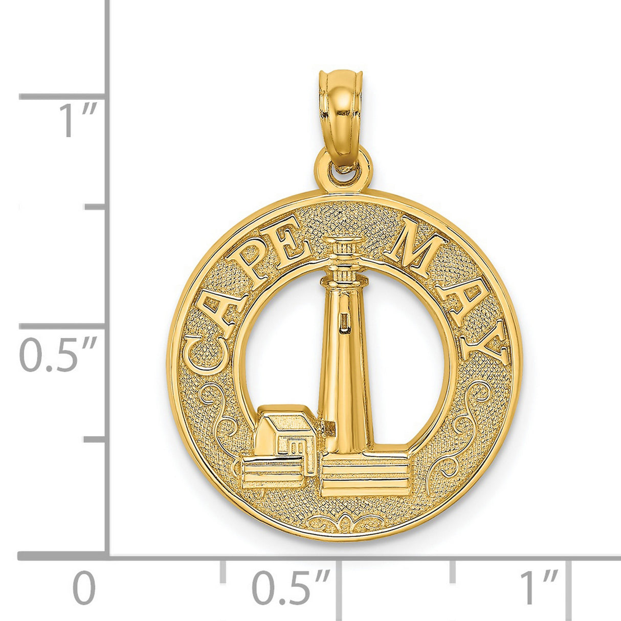 Cape May Words with Lighthouse in Round Penny Size Charm Pendant in Real 14k Yellow Gold