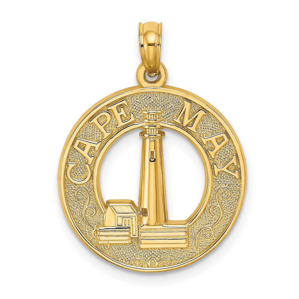 Cape May Words with Lighthouse in Round Penny Size Charm Pendant in Real 14k Yellow Gold