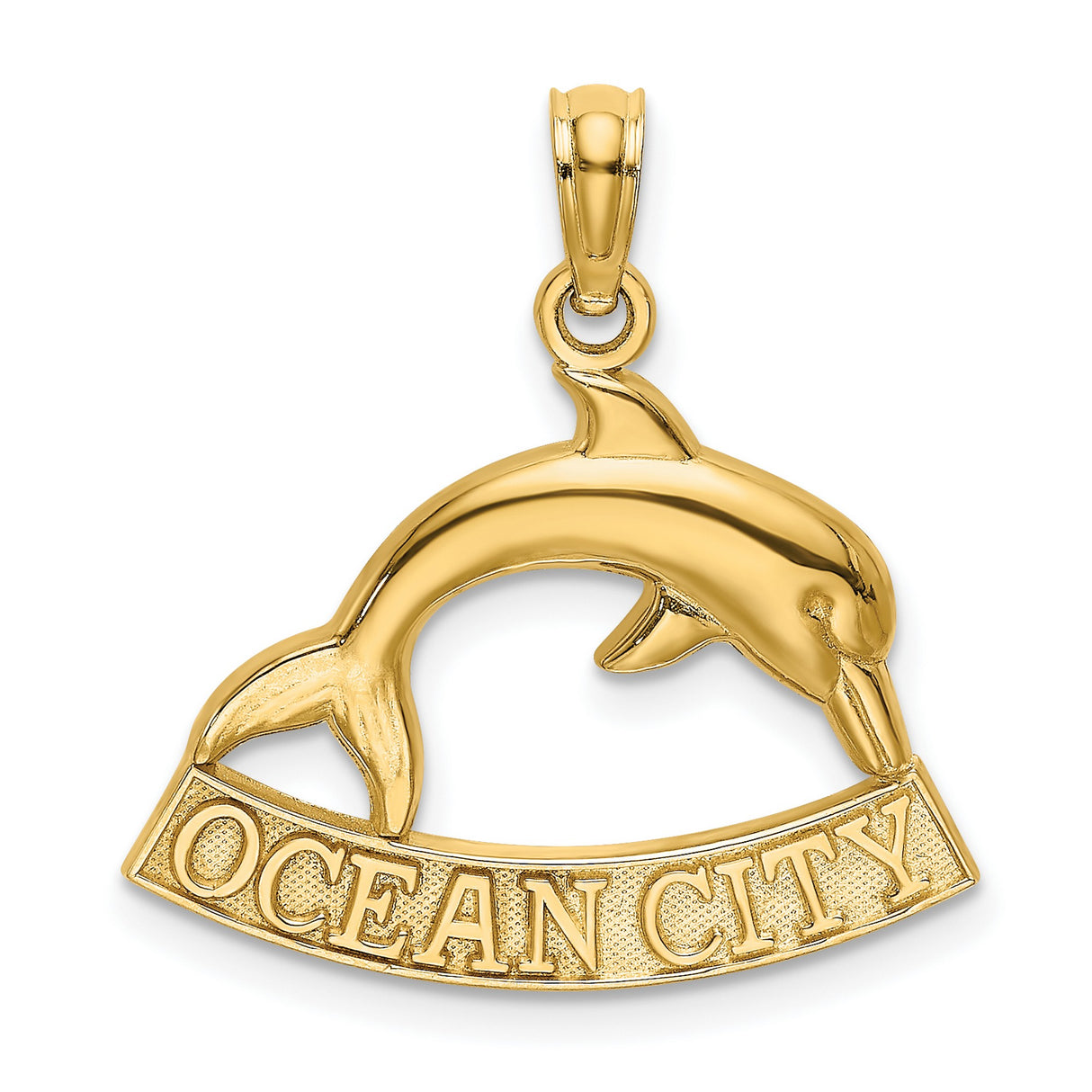 14k Yellow Gold Dolphin Pendant with Ocean City Engraving, Nautical Coastal Charm