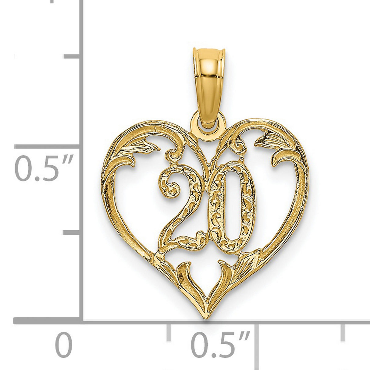 14k Yellow Gold Heart Pendant with Number 20, Ornate Filigree Design Milestone Charm