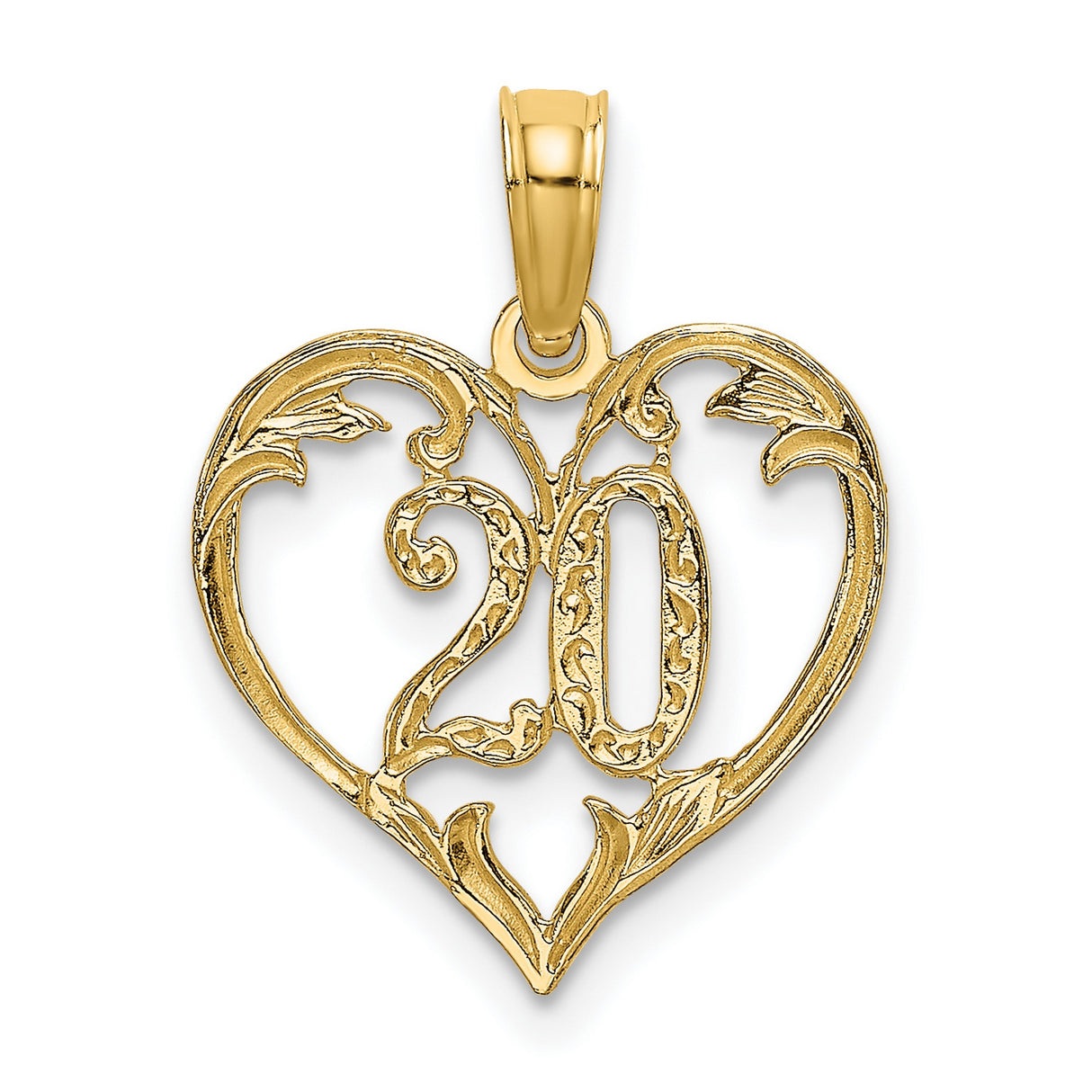 14k Yellow Gold Heart Pendant with Number 20, Ornate Filigree Design Milestone Charm