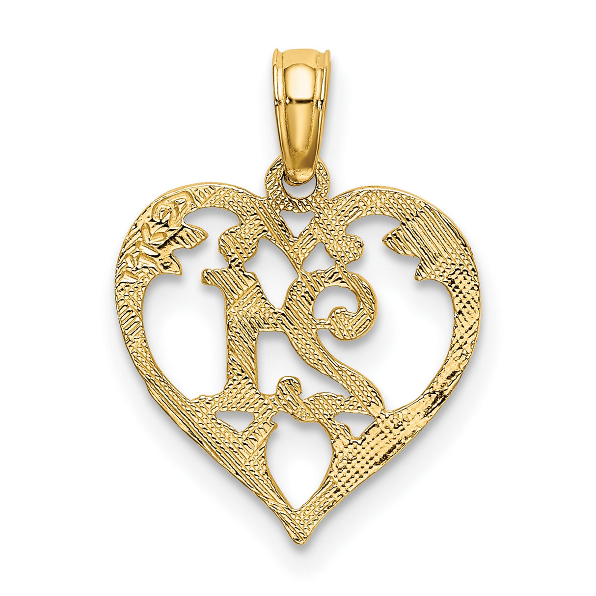 14k Yellow Gold Heart Pendant with Script Letter A and Openwork Leaf Design