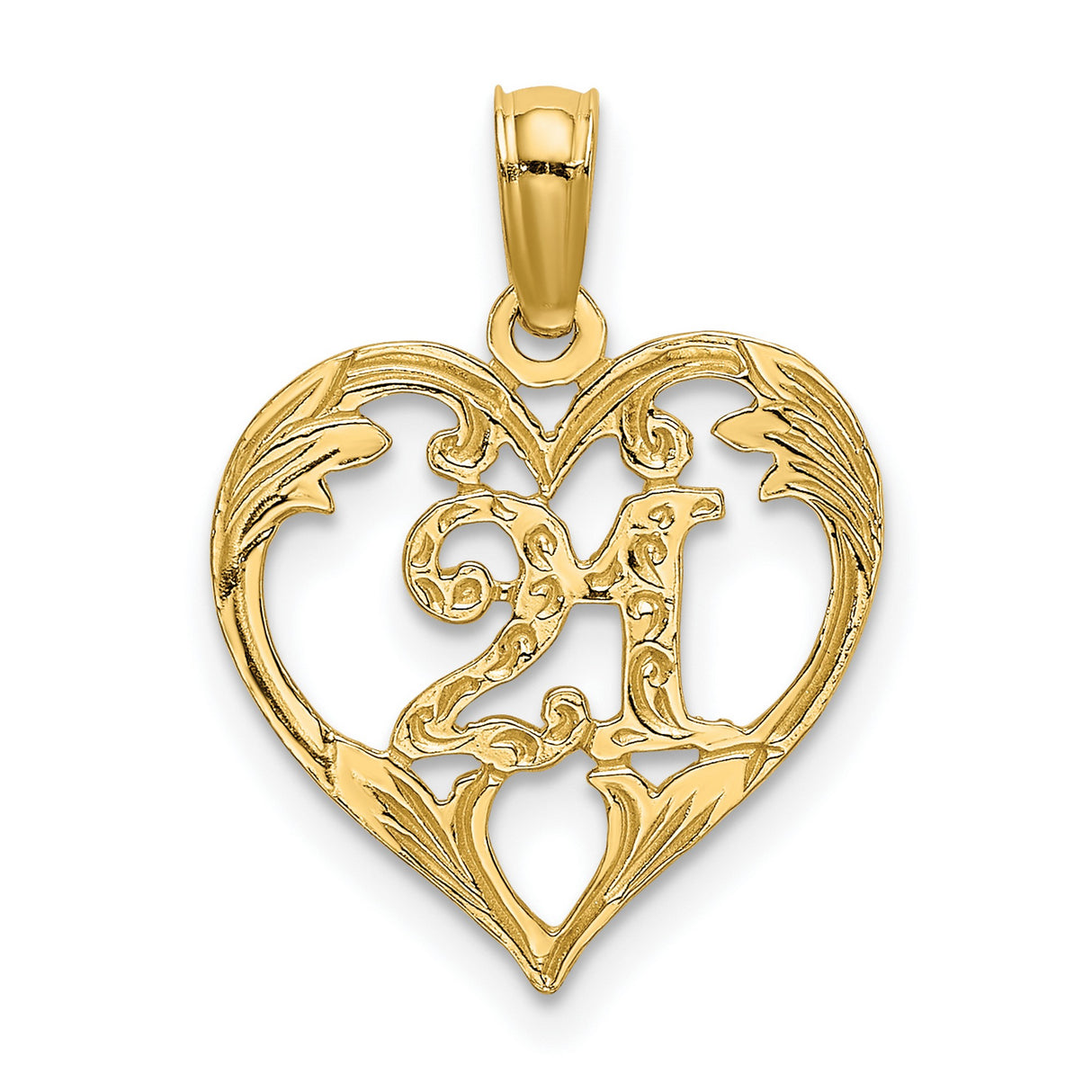 14k Yellow Gold Heart Pendant with Script Letter A and Openwork Leaf Design