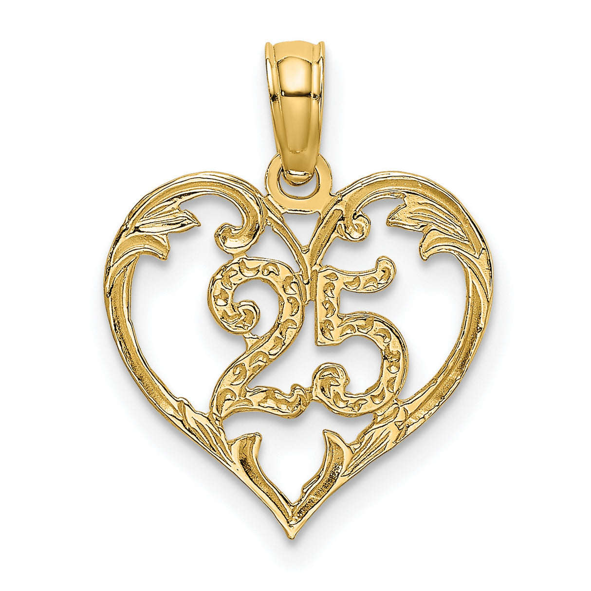 14k Yellow Gold Heart Pendant with Ornate 25 Design and Floral Filigree Detailing
