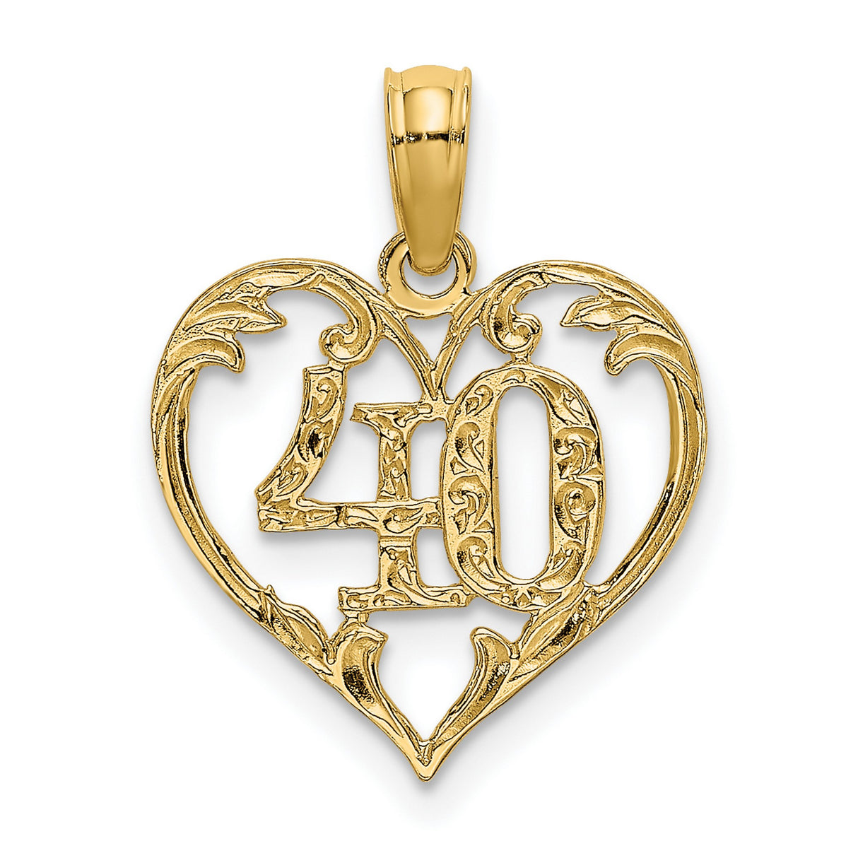 14k Yellow Gold Heart Pendant with Number 40 Filigree Design, Romantic Milestone Charm