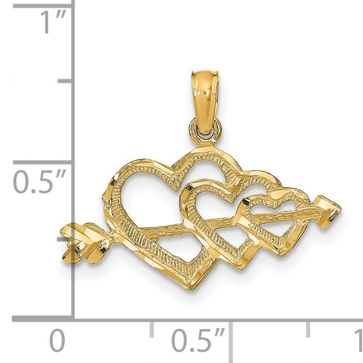 14k Yellow Gold Pendant with Three Open Hearts and Arrow Design, Romantic Charm for Women