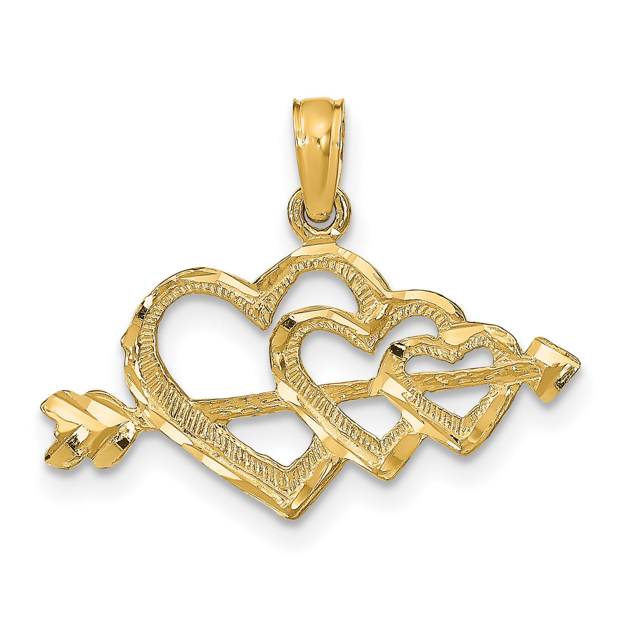 14k Yellow Gold Pendant with Three Open Hearts and Arrow Design, Romantic Charm for Women