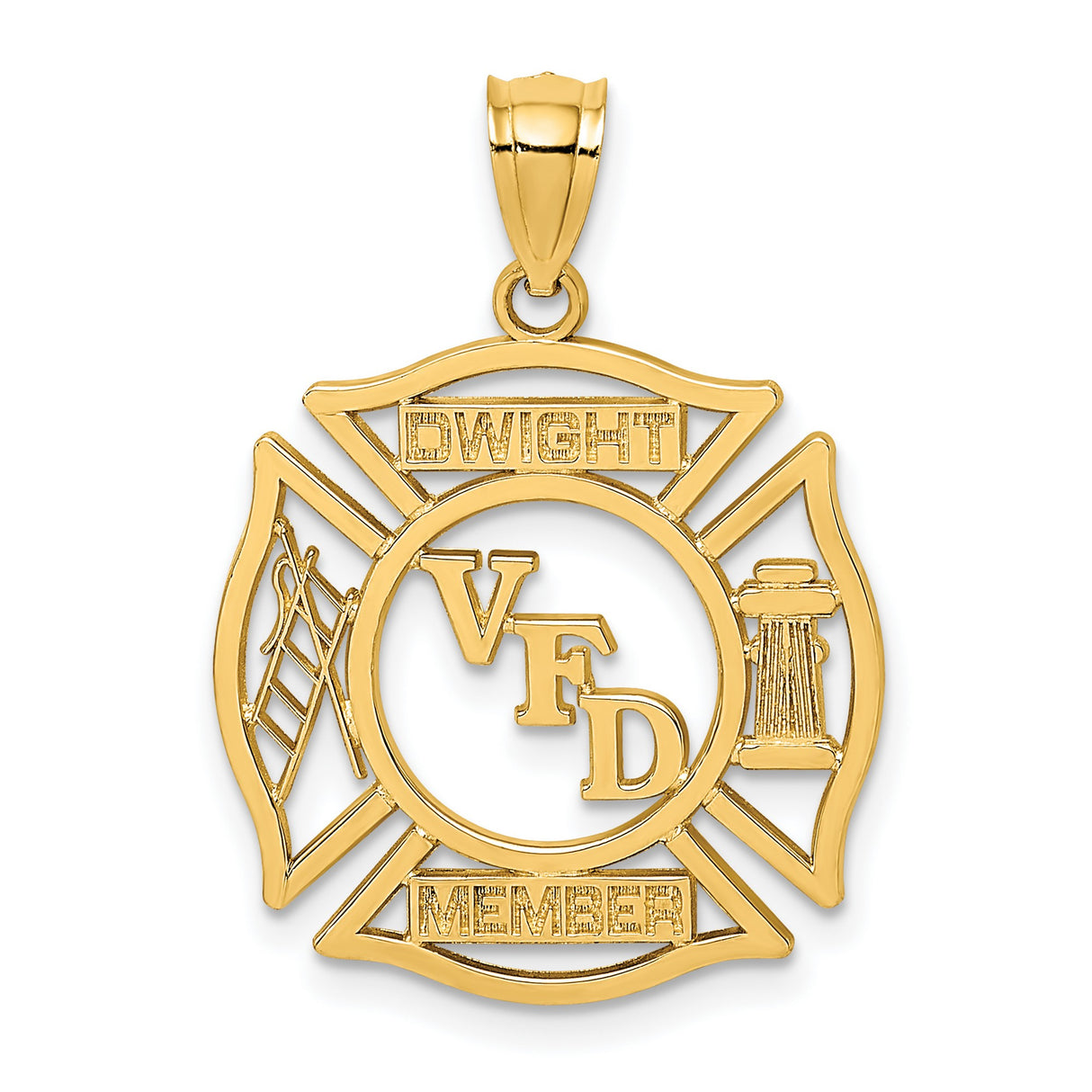 14k Yellow Gold Firefighter Pendant with Maltese Cross, Fire Hydrant and Ladder Symbols