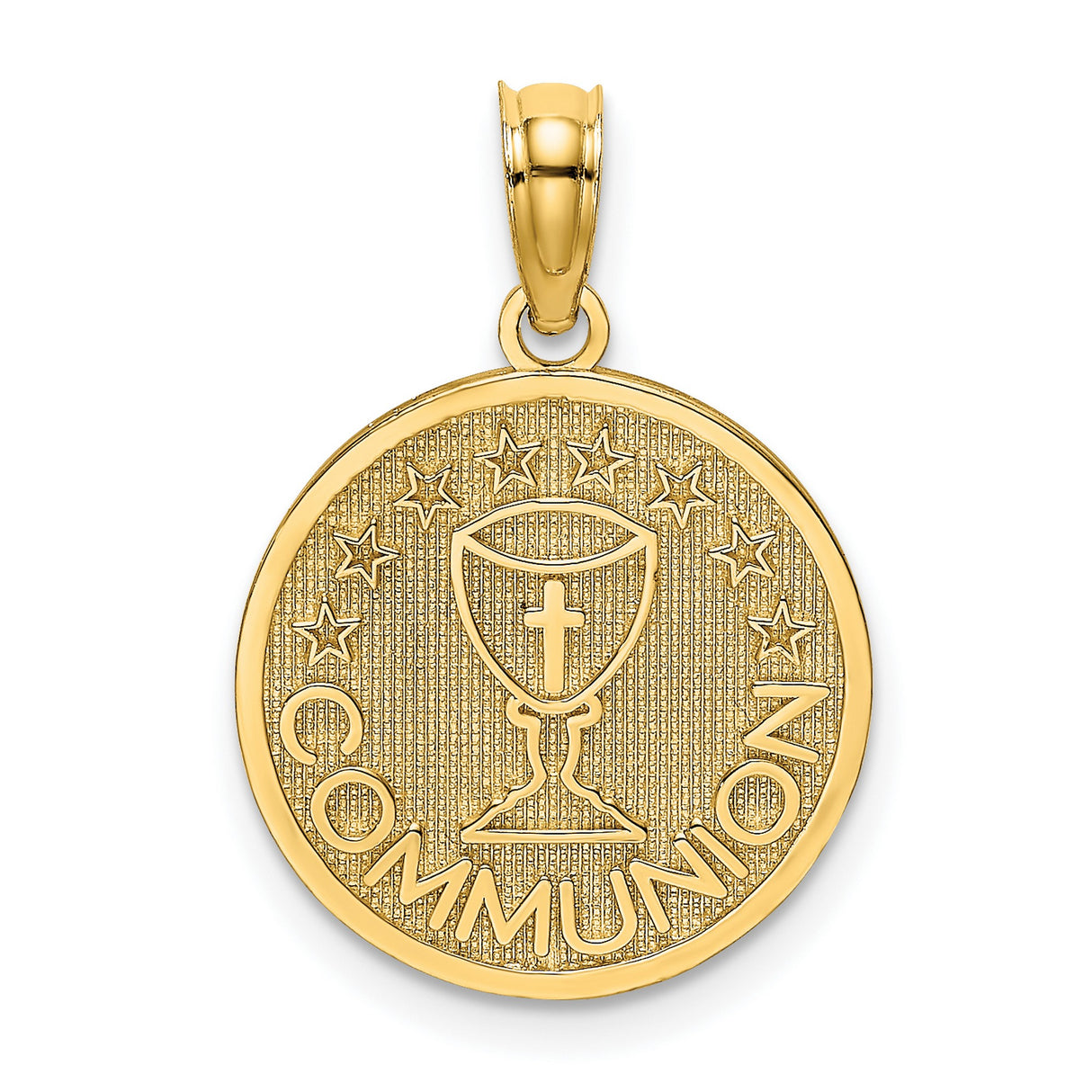 14k Yellow Gold Communion Pendant with Chalice and Cross on Round Disc with Stars