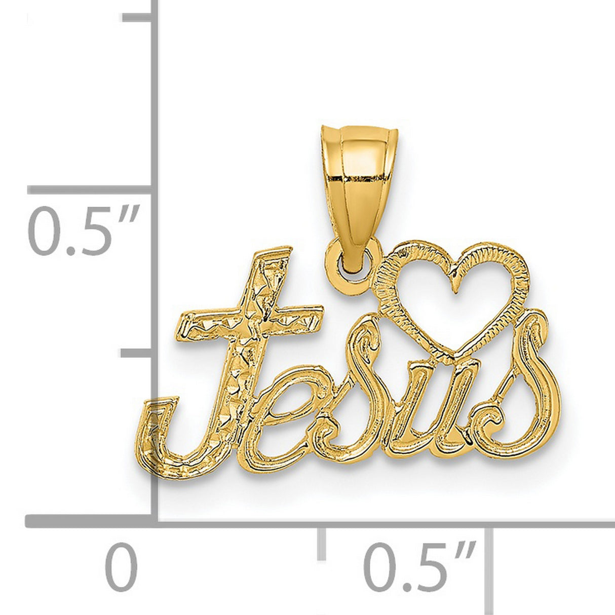 14k Yellow Gold Jesus Script Pendant with Cross and Heart Design, Religious Charm
