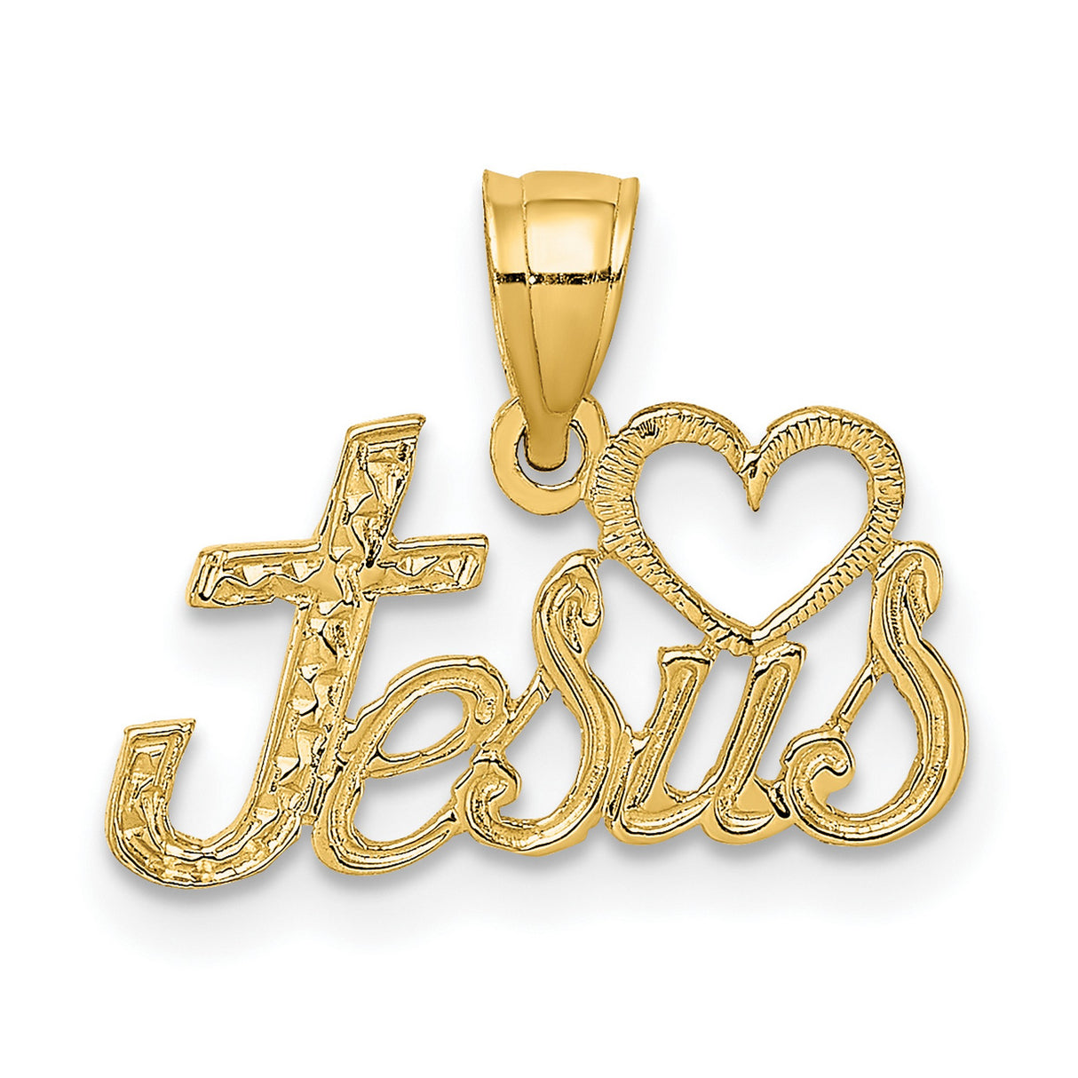 14k Yellow Gold Jesus Script Pendant with Cross and Heart Design, Religious Charm