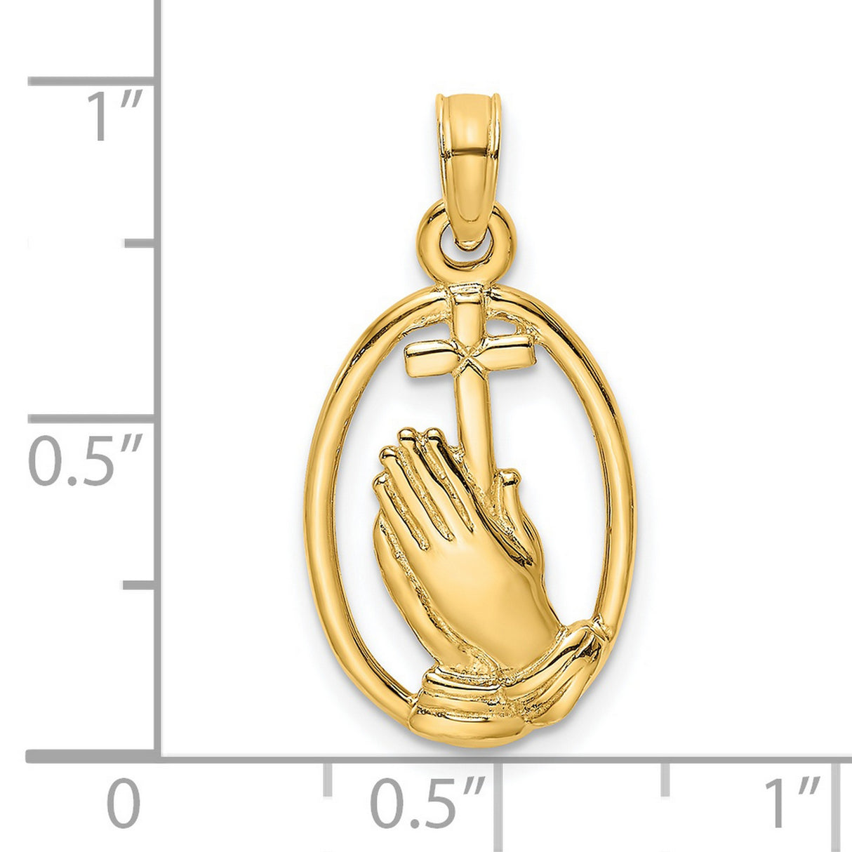 14k Yellow Gold Oval Cross Pendant with Praying Hands Charm, Religious Design