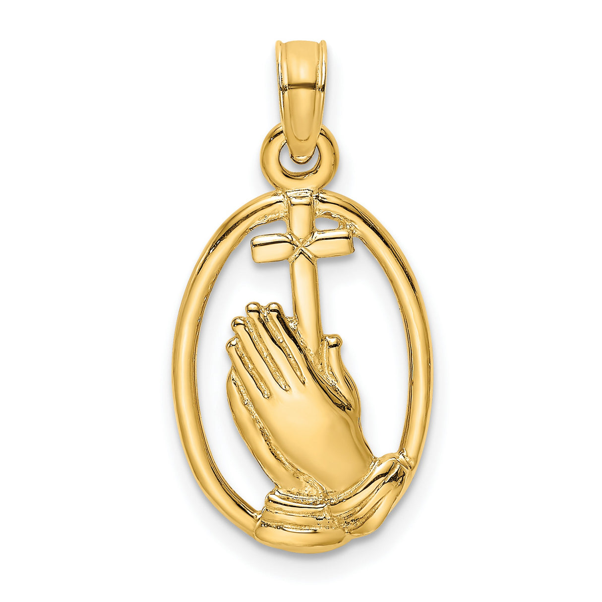 14k Yellow Gold Oval Cross Pendant with Praying Hands Charm, Religious Design