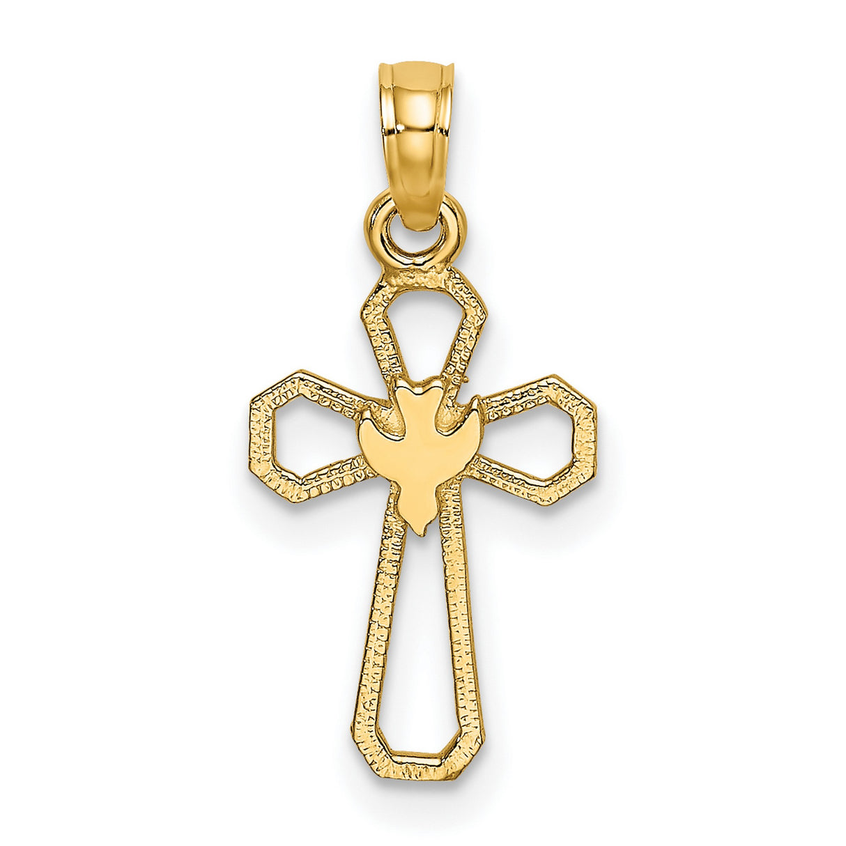 14k Yellow Gold Dove Cut-Out Cross Pendant, Polished Geometric Religious Charm