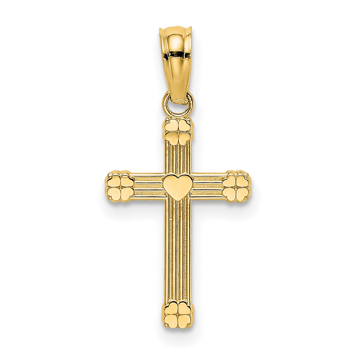 14k Yellow Gold Cross Pendant with Heart Detail, Religious Charm for Men and Women