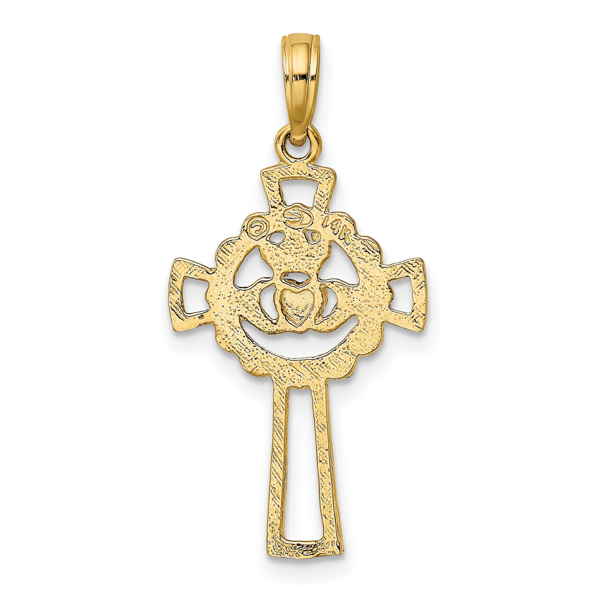 14k Yellow Gold Cross Pendant with Filigree Claddagh Heart and Crown Design