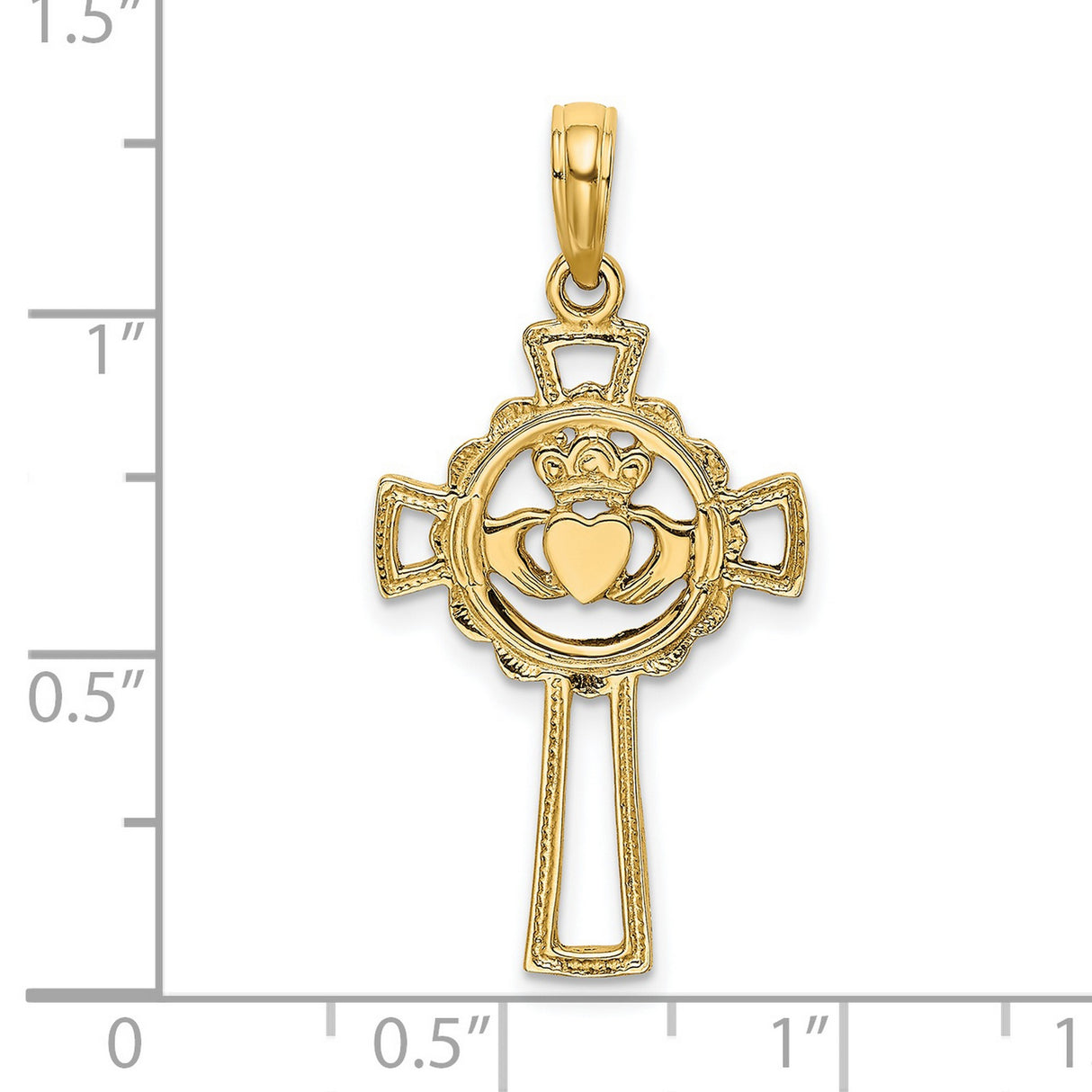 14k Yellow Gold Cross Pendant with Filigree Claddagh Heart and Crown Design