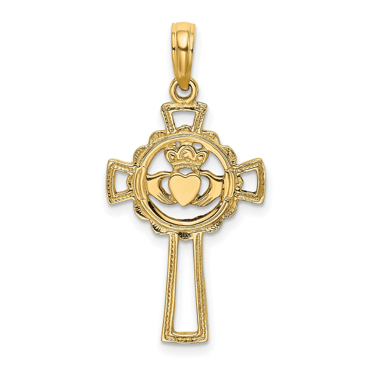 14k Yellow Gold Cross Pendant with Filigree Claddagh Heart and Crown Design