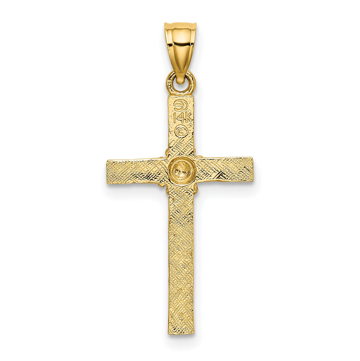 14k Yellow Gold Cross Pendant with Floral Design, Polished Finish, Woodgrain Texture