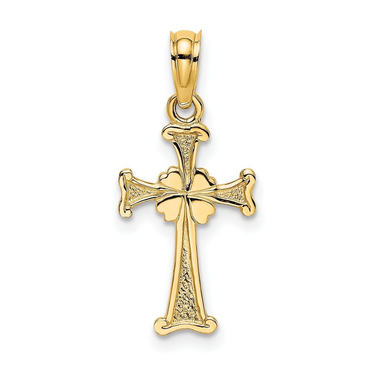 14k Yellow Gold Cross Pendant with Textured Matte Finish and Fleur-de-Lis Detail