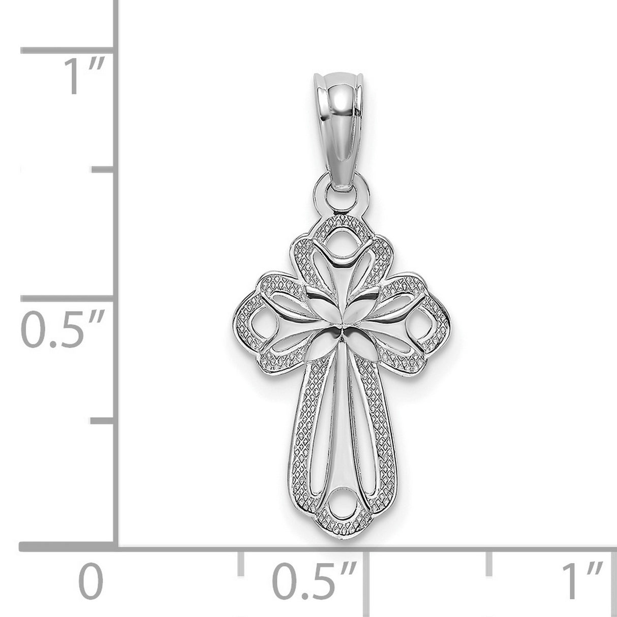 14k White Gold Cross Pendant with Textured Openwork and Floral Details for Men and Women