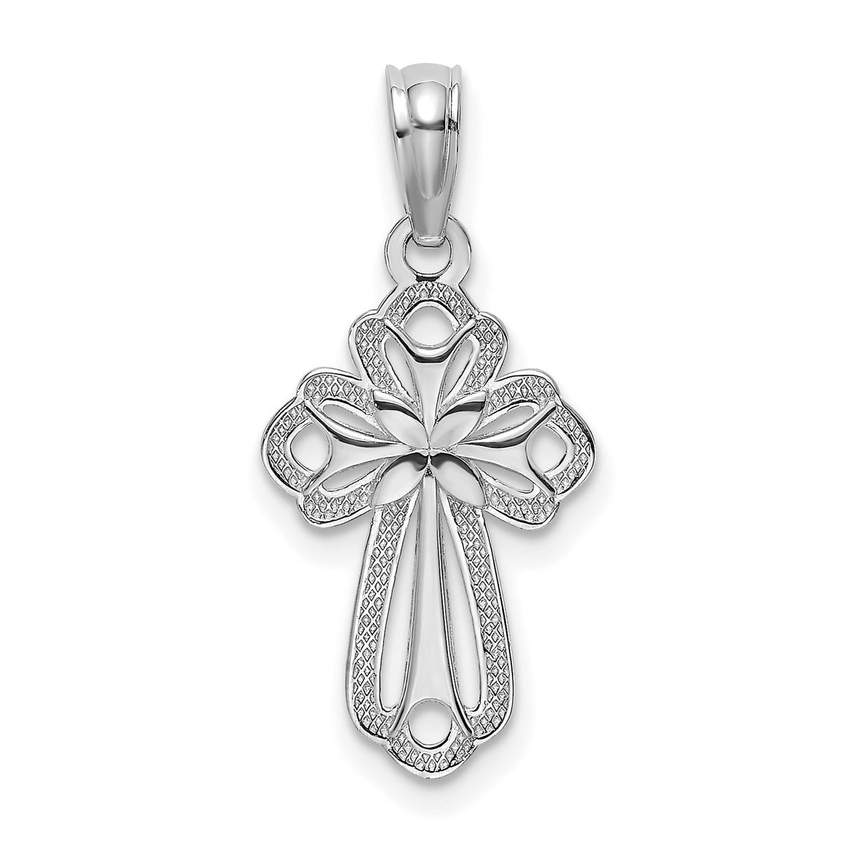 14k White Gold Cross Pendant with Textured Openwork and Floral Details for Men and Women