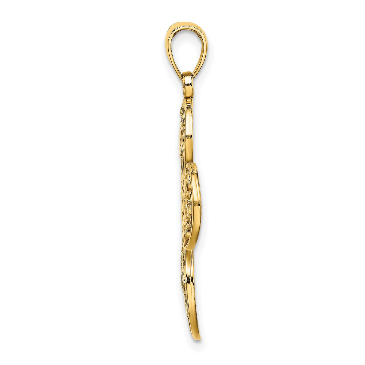 14k Yellow Gold Filigree Cross Pendant with Curved Design and Vintage Floral Motif