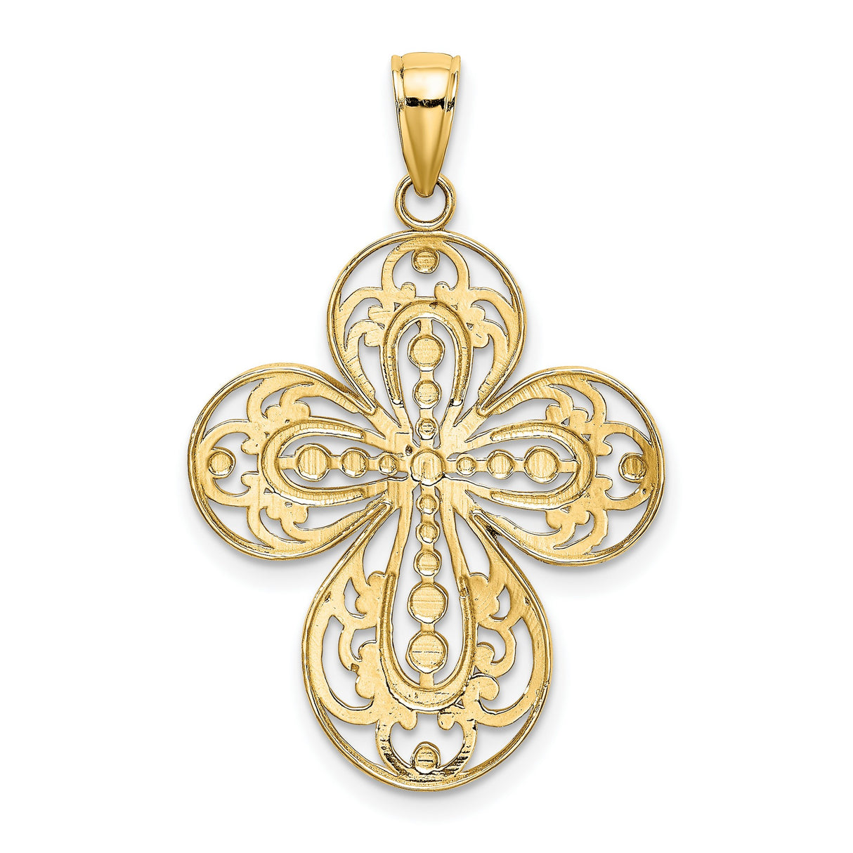 14k Yellow Gold Filigree Cross Pendant with Curved Design and Vintage Floral Motif